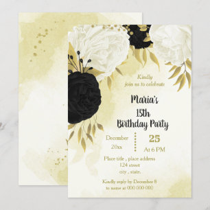 Schwarz-weiße Blume Gold Blätter Geburtstag Einladung