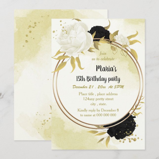 Schwarz-weiße Blume Gold Blätter Geburtstag Einladung (Vorne/Hinten)