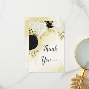 Schwarz-weiße Blume Gold Blätter Hochzeit Dankeskarte