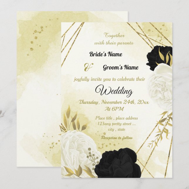 Schwarz-weiße Blume Gold Blätter Hochzeit Einladung (Vorne/Hinten)