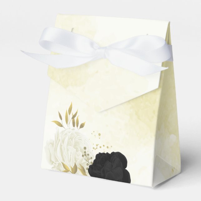Schwarz-weiße Blume Gold Blätter Hochzeit Geschenkschachtel (Vorderseite)