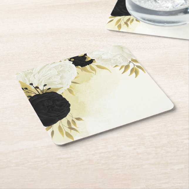 Schwarz-weiße Blume Gold Blätter Hochzeit Rechteckiger Pappuntersetzer (angewinkelt)