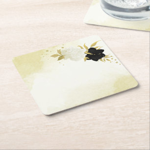 Schwarz-weiße Blume Gold Blätter Hochzeit Rechteckiger Pappuntersetzer