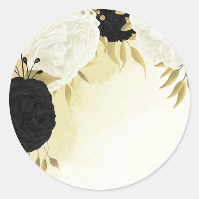 Schwarz-weiße Blume Gold Blätter Hochzeit Runder Aufkleber (Vorderseite)