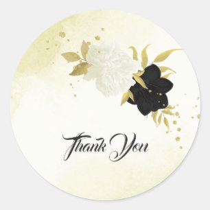 Schwarz-weiße Blume Gold Blätter Hochzeit Runder Aufkleber