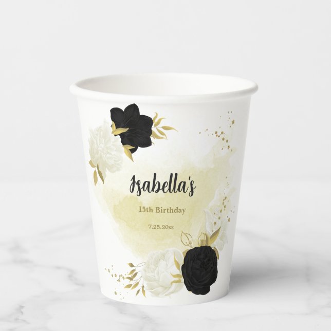 Schwarz-weiße Blume Gold Blätter Pappbecher (Vorderseite)