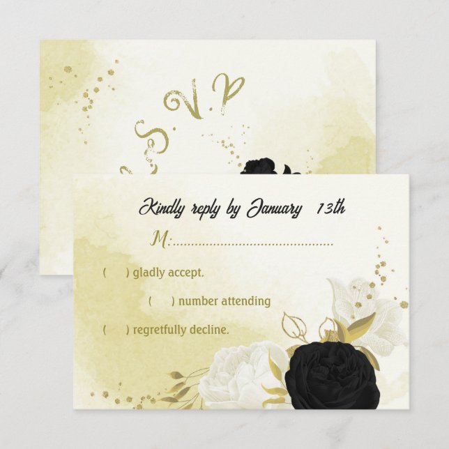 Schwarz-weiße Blume Gold Blätter RSVP Karte (Vorne/Hinten)