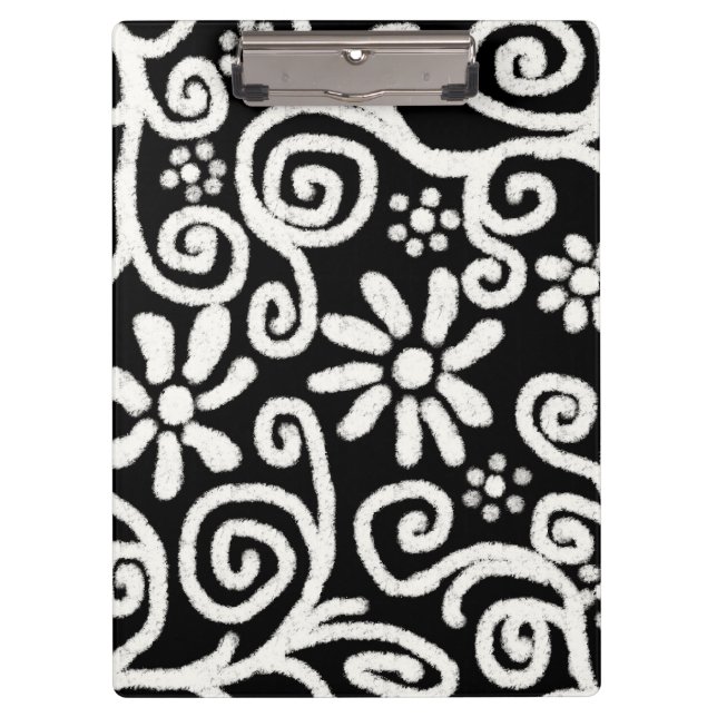 Schwarz-weiße Blume mit Blumen und Wirbel Blume Sw Klemmbrett (Vorderseite)
