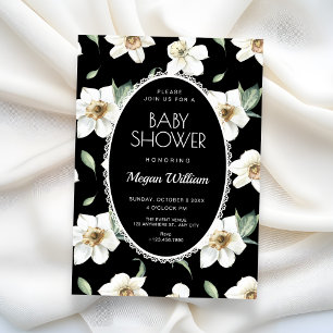 Schwarz-weiße Blumen-Baby-Party Einladung