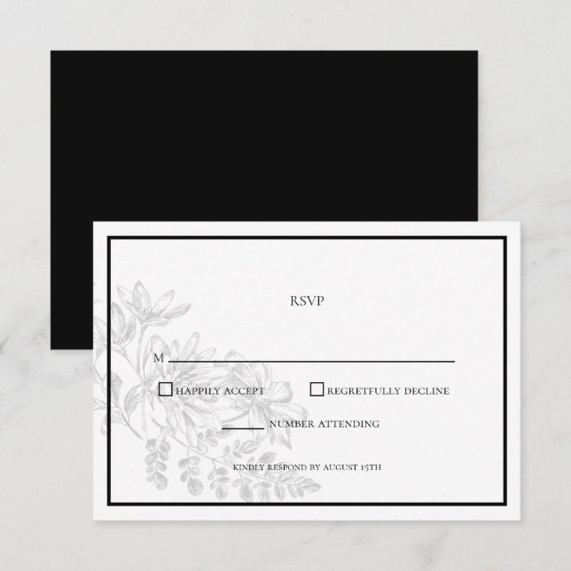 Schwarz-weiße Blumen-Einfache Hochzeit-RSVP-Karte RSVP Karte (Vorne/Hinten)