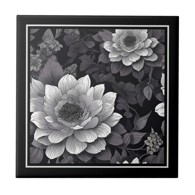 Schwarz-Weiße Blumen Fliese (Vorderseite)