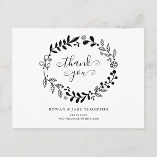 Schwarz-weiße Blumen-Girlande Hochzeit Danke Postkarte