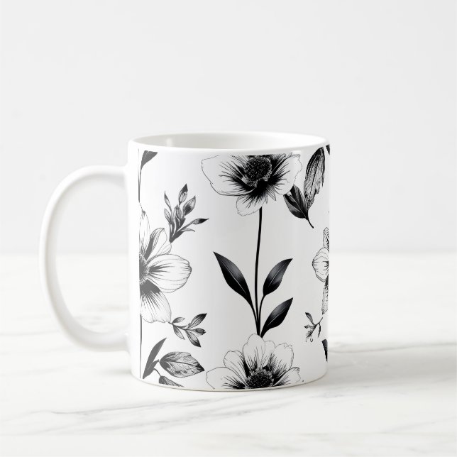 Schwarz-weiße Blumen  Kaffeetasse (Links)