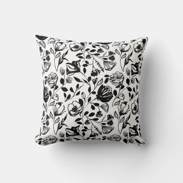 Schwarz-weiße Blumen Linie Handgezeichnet Trendy Kissen (Vorderseite)
