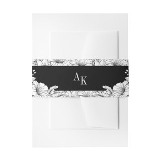 Schwarz-weiße Blumen-Name-Monogramm-Hochzeit Einladungsbanderole