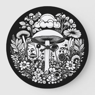 Schwarz-Weiße Blumen und Pilze Vintage Große Wanduhr