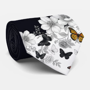 Schwarz-weiße Blumen und Schmetterlinge  Krawatte