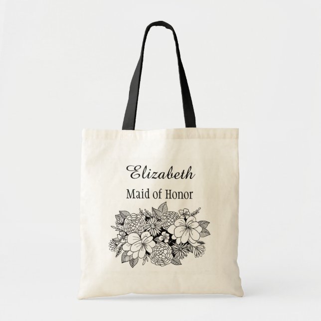 Schwarz-weiße Blumenbridal Bridesmaid mit Namen Tragetasche (Vorne)