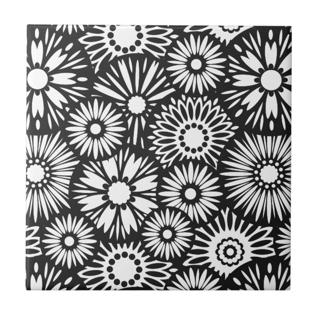 Schwarz-weiße Blumenfliese Fliese (Vorderseite)