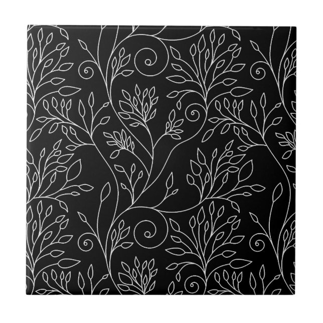 Schwarz-weiße Blumenfliese Fliese (Vorderseite)