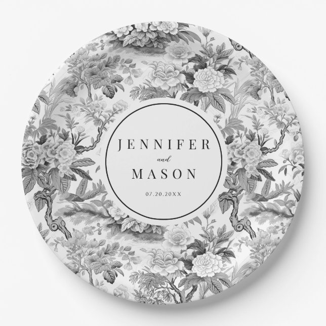 Schwarz-weiße blumengeschmückte Hochzeitspapiere T Pappteller (Vorderseite)