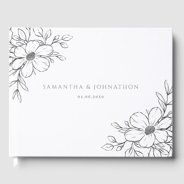 Schwarz-weiße Blumenhochzeit Gästebuch (Vorderseite)