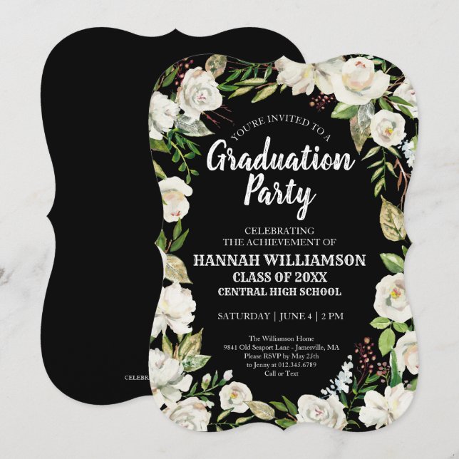 Schwarz-weiße Blumenklasse 2021Graduierungspartei Einladung (Vorne/Hinten)