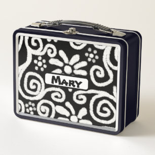 Schwarz-weiße Blumenmuster Wirbel Muster Personali Metall Brotdose