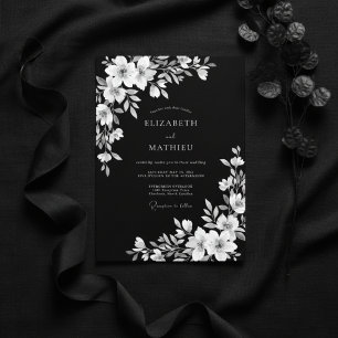 Schwarz-weiße Blumenromanze Hochzeit Einladung