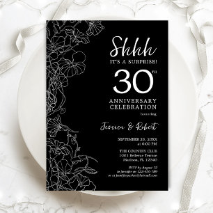 Schwarz-weiße Blumenüberraschung zum 30. Jubiläum Einladung