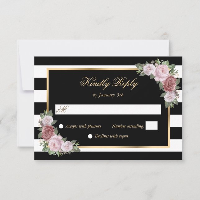 Schwarz-weiße Blush Pink Blumenzehen RSVP Karte (Vorderseite)