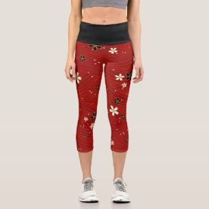Schwarz-Weiße Blüten Capri Leggings