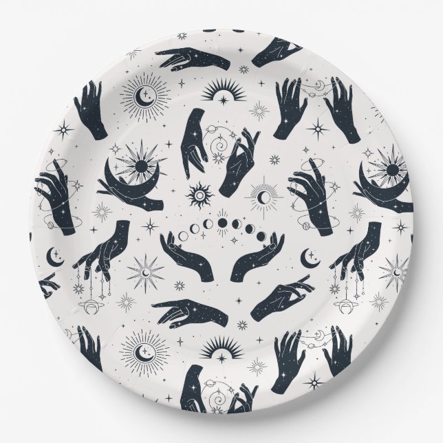 Schwarz-weiße Boho Moon-Hand Pappteller (Vorderseite)