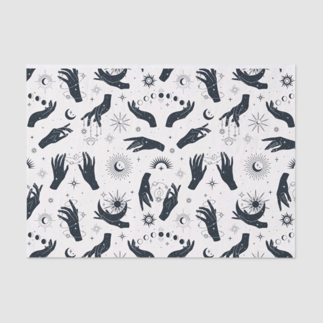 Schwarz-weiße Boho Moon-Hand Seidenpapier (Vorderseite)