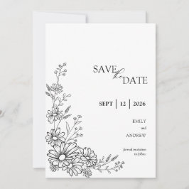 Schwarz-weiße botanische Gartenehe mit Daisy Save The Date