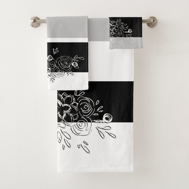Schwarz-weiße Bouquet Grau Streifen Badhandtuch Set (Insitu)