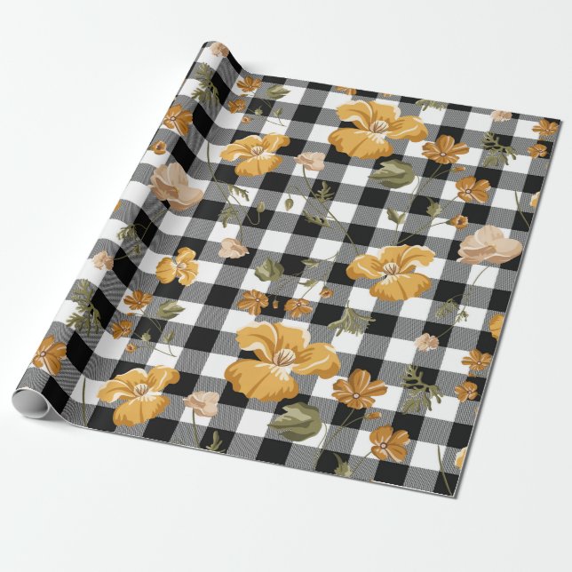 Schwarz-weiße Buffalo-Karos und gelbe Blumen Geschenkpapier (Ungerollt)