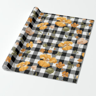 Schwarz Weiße Büffelkaros & Gelbe Blumen Geschenkpapier
