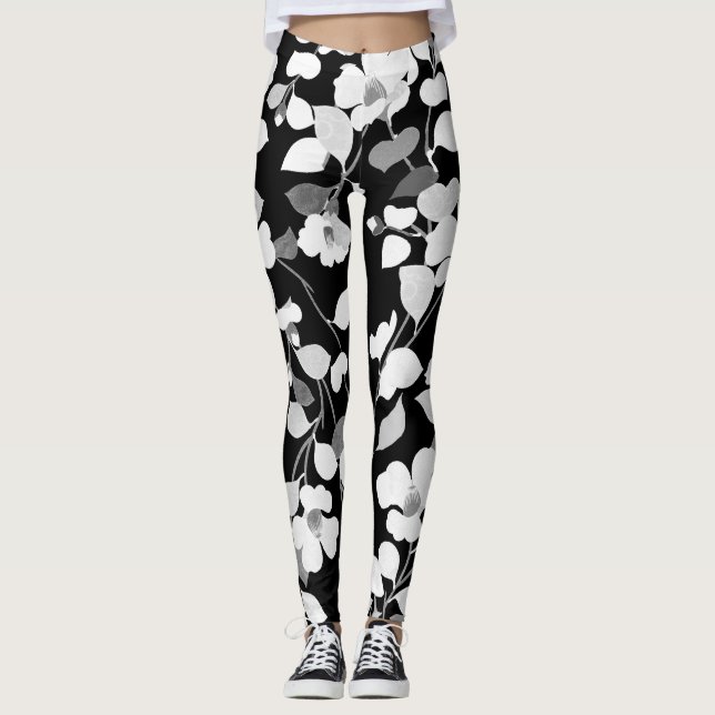SCHWARZ-WEISSE CAMELLIAS UND BLÄTTER Japanisches B Leggings (Vorderseite)