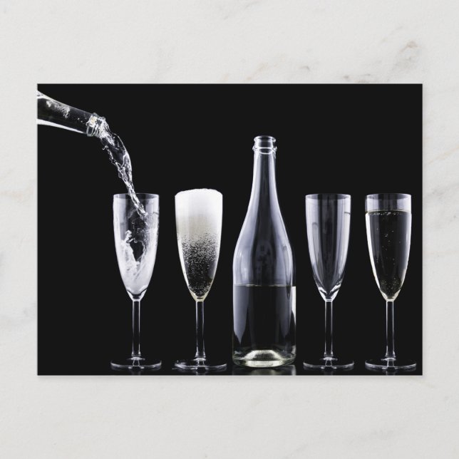 Schwarz-weiße Champagner Flaschenbrille Festlich Postkarte (Vorderseite)