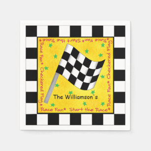 Schwarz-weiße Checkered Flagge, die gelbes Rennen Serviette
