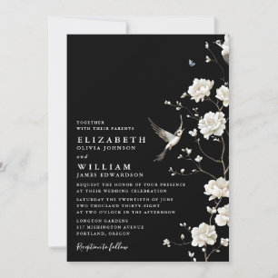 Schwarz-Weiße Chinoiserie-Blumen-QR-Code-Hochzeit Einladung