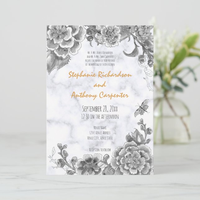 Schwarz-weiße Chinoiserie Floral, Marmorhochzeit Einladung (Stehend Vorderseite)