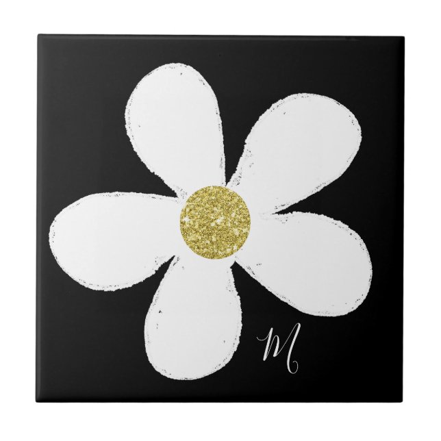 Schwarz-weiße Daisy Simple Floral Gold Personal Fliese (Vorderseite)