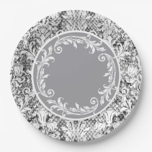 Schwarz-weiße Damask Floral Wirbel personalisiere Pappteller