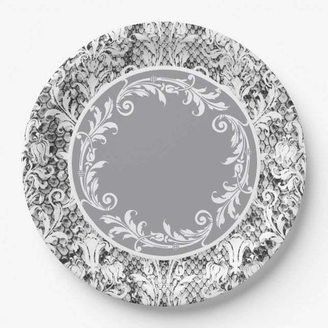 Schwarz-weiße Damask Floral Wirbel personalisieren Pappteller (Vorderseite)