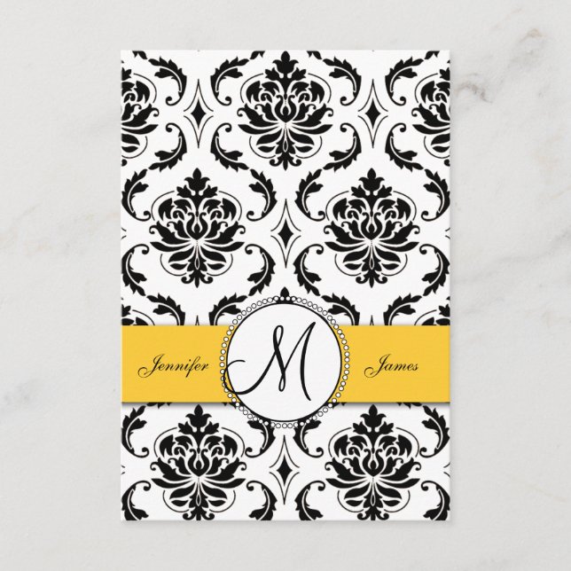 Schwarz-weiße Damask Gelbe Hochzeitskarten Begleitkarte (Vorderseite)