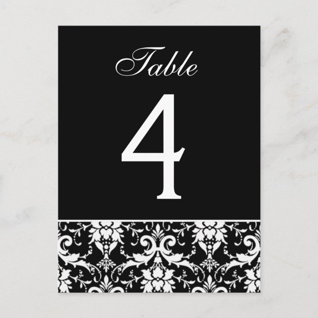 Schwarz-weiße Damask-Hochzeitkarte Tischnummer (Vorderseite)
