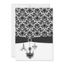 Schwarz-weiße Damask Kronleuchter Hochzeitseinladu