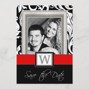 Schwarz-weiße Damask & Red Wedding retten Termine Save The Date